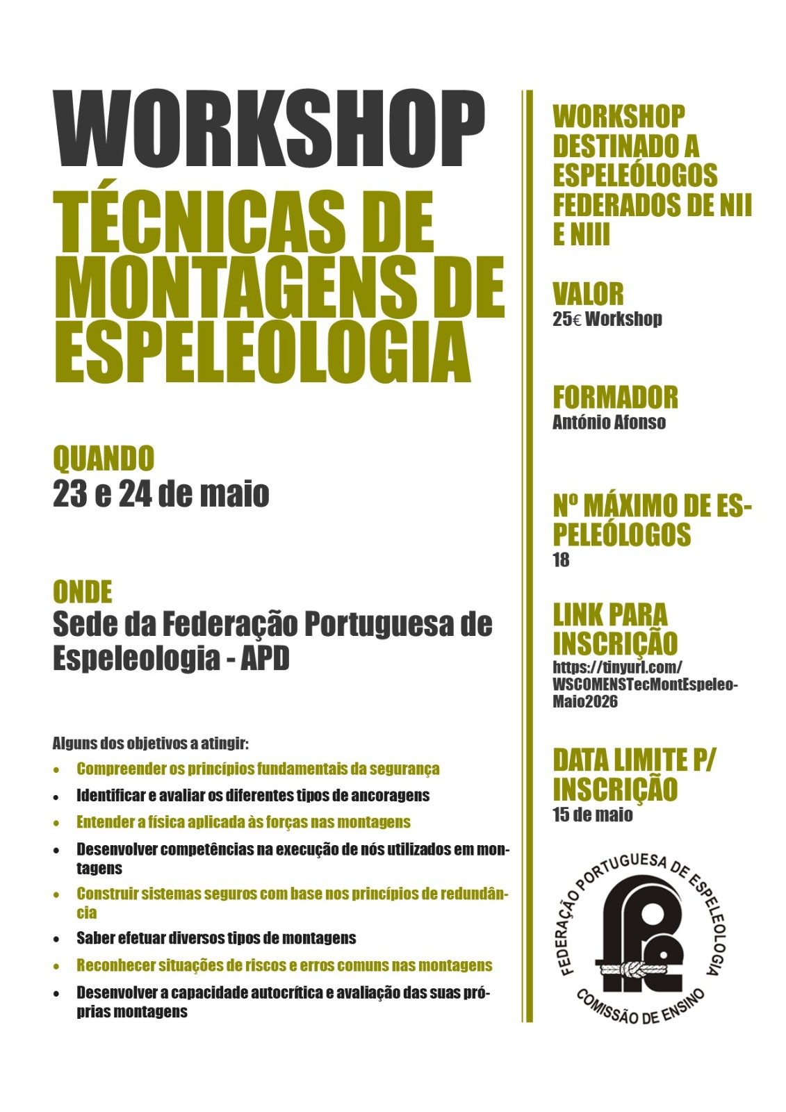 Oficina de trabalho FPE - Técnicas de Montagens de Espeleologia | 23 e 24 maio